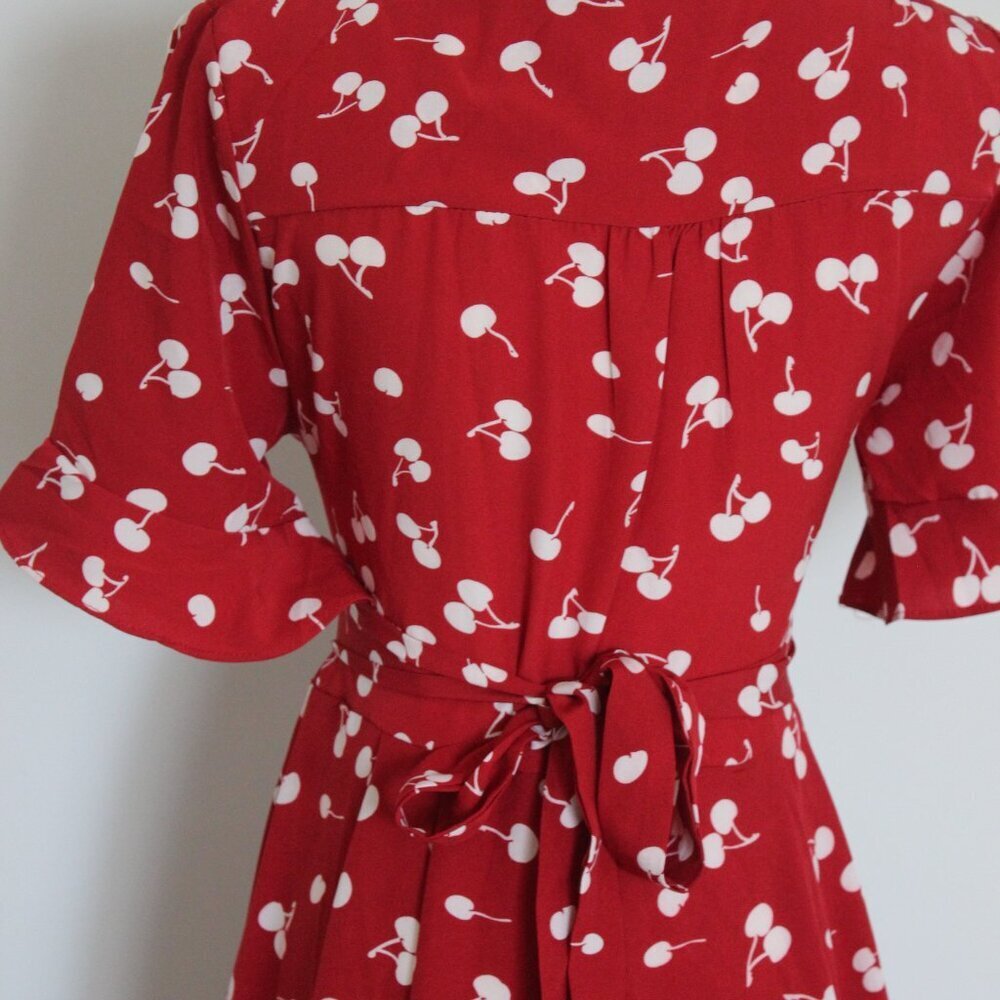 Dark Red Cherry Tie on waist Midi Dress - Picture 7 of 7